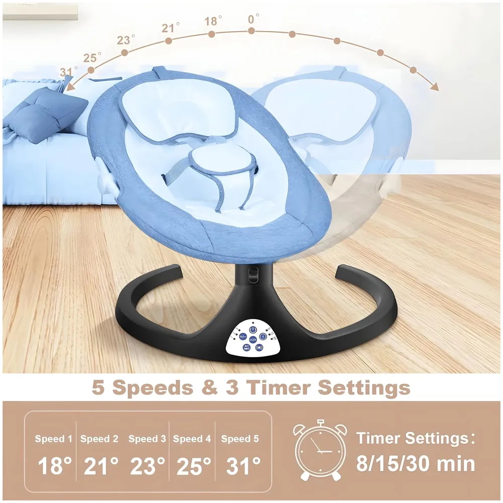 Automatic Baby Bed Swing for Infants, Baby Rocker with 5 Speeds, Lullabies, Indoor & Outdoor Use, Remote Control Rocker with Mosquito Net, Safety Belt & Removable Baby Toys