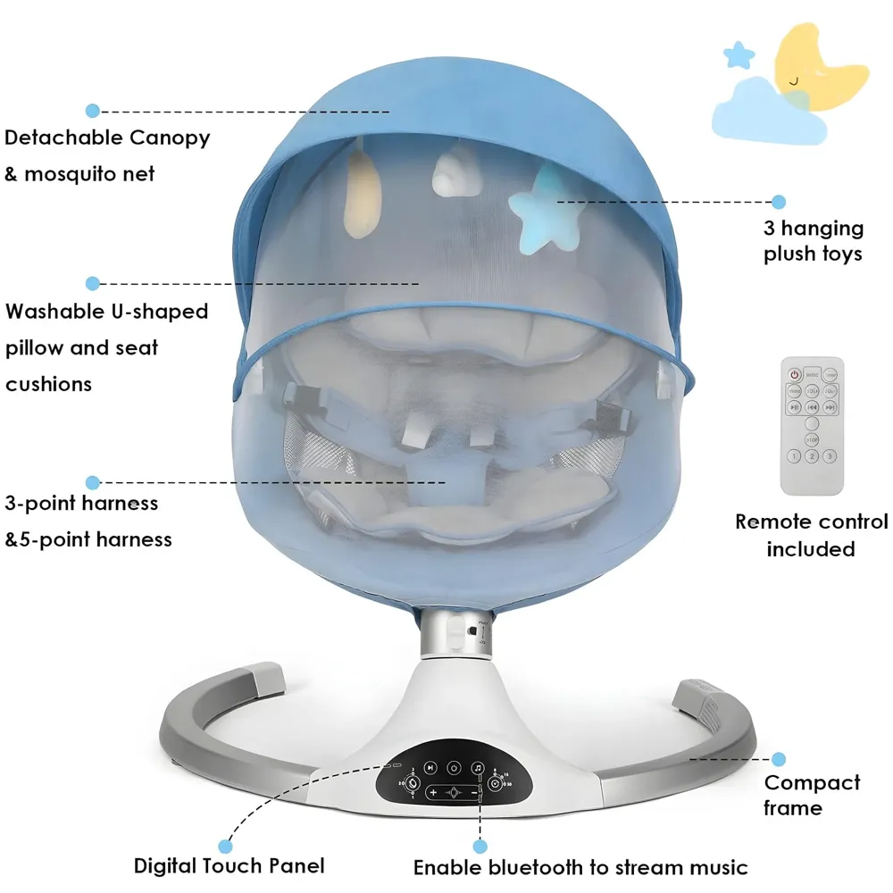 Automatic Baby Swing for Infants, Baby Rocker with 5 Speeds, Lullabies, Indoor & Outdoor Use, Remote Control Rocker with Mosquito Net, Safety Belt & Removable Baby Toys Blue