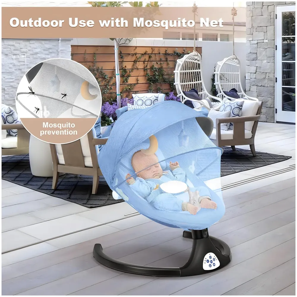 Automatic Baby Swing for Infants, Baby Rocker with 5 Speeds, Lullabies, Indoor & Outdoor Use, Remote Control Rocker with Mosquito Net, Safety Belt & Removable Baby Toys Blue