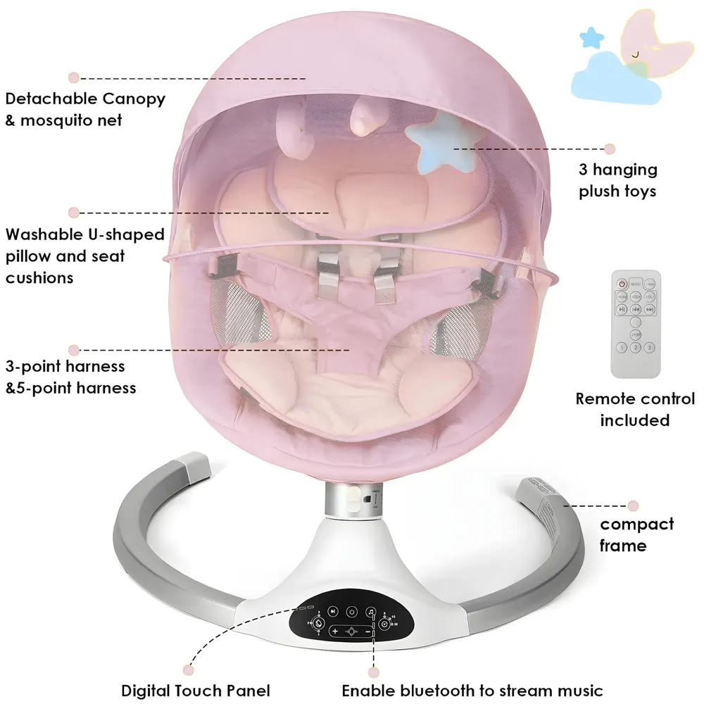 Automatic Baby Swing for Infants, Baby Rocker with 5 Speeds, Lullabies, Indoor & Outdoor Use, Remote Control Rocker with Mosquito Net, Safety Belt & Removable Baby Toys Pink