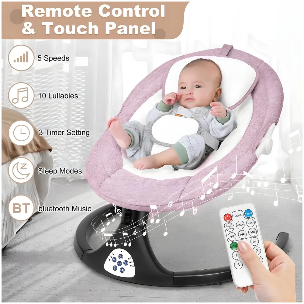 Automatic Baby Swing for Infants, Baby Rocker with 5 Speeds, Lullabies, Indoor & Outdoor Use, Remote Control Rocker with Mosquito Net, Safety Belt & Removable Baby Toys Pink
