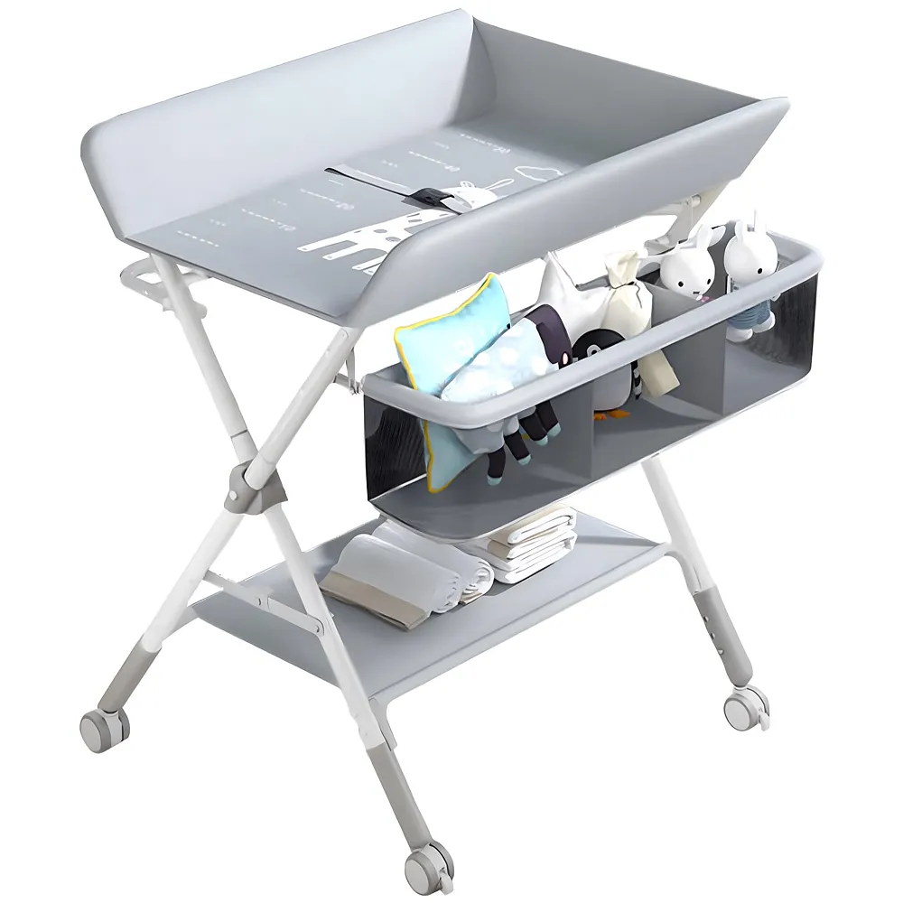 KARAOK Baby Changing Table Foldable with Wheels, 4 Height Adjustable Portable Diaper Changing Station, Storage Basket & Hanging Racks, Space-Saving Nursery Organizer for Newborn & Infant (Light Grey)