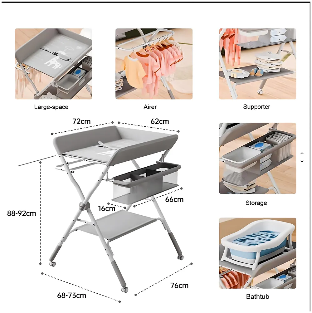 KARAOK Baby Changing Table Foldable with Wheels, 4 Height Adjustable Portable Diaper Changing Station, Storage Basket & Hanging Racks, Space-Saving Nursery Organizer for Newborn & Infant (Light Grey)