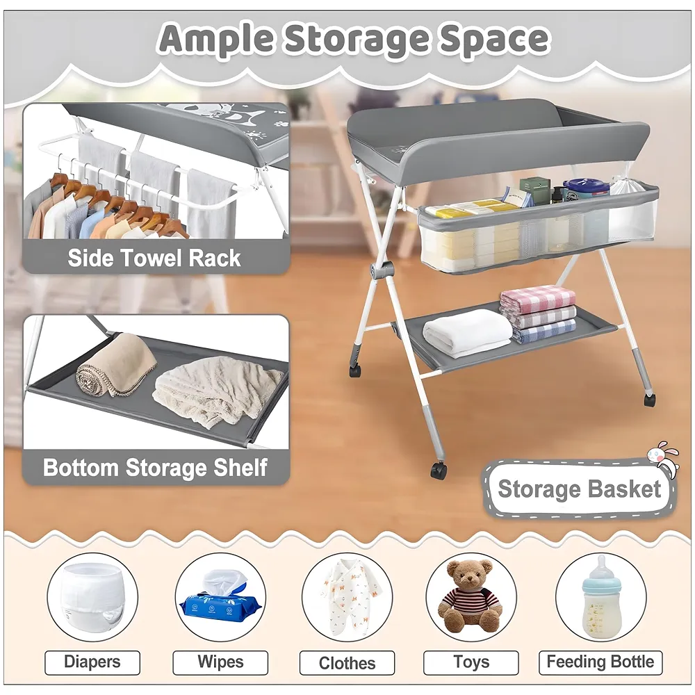 KARAOK Baby Changing Table Foldable with Wheels, 4 Height Adjustable Portable Diaper Changing Station, Storage Basket & Hanging Racks, Space-Saving Nursery Organizer for Newborn & Infant (Light Grey)