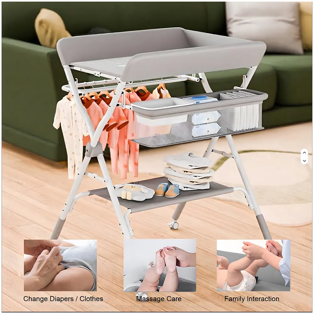 KARAOK Baby Changing Table Foldable with Wheels, 4 Height Adjustable Portable Diaper Changing Station, Storage Basket & Hanging Racks, Space-Saving Nursery Organizer for Newborn & Infant (Light Grey)