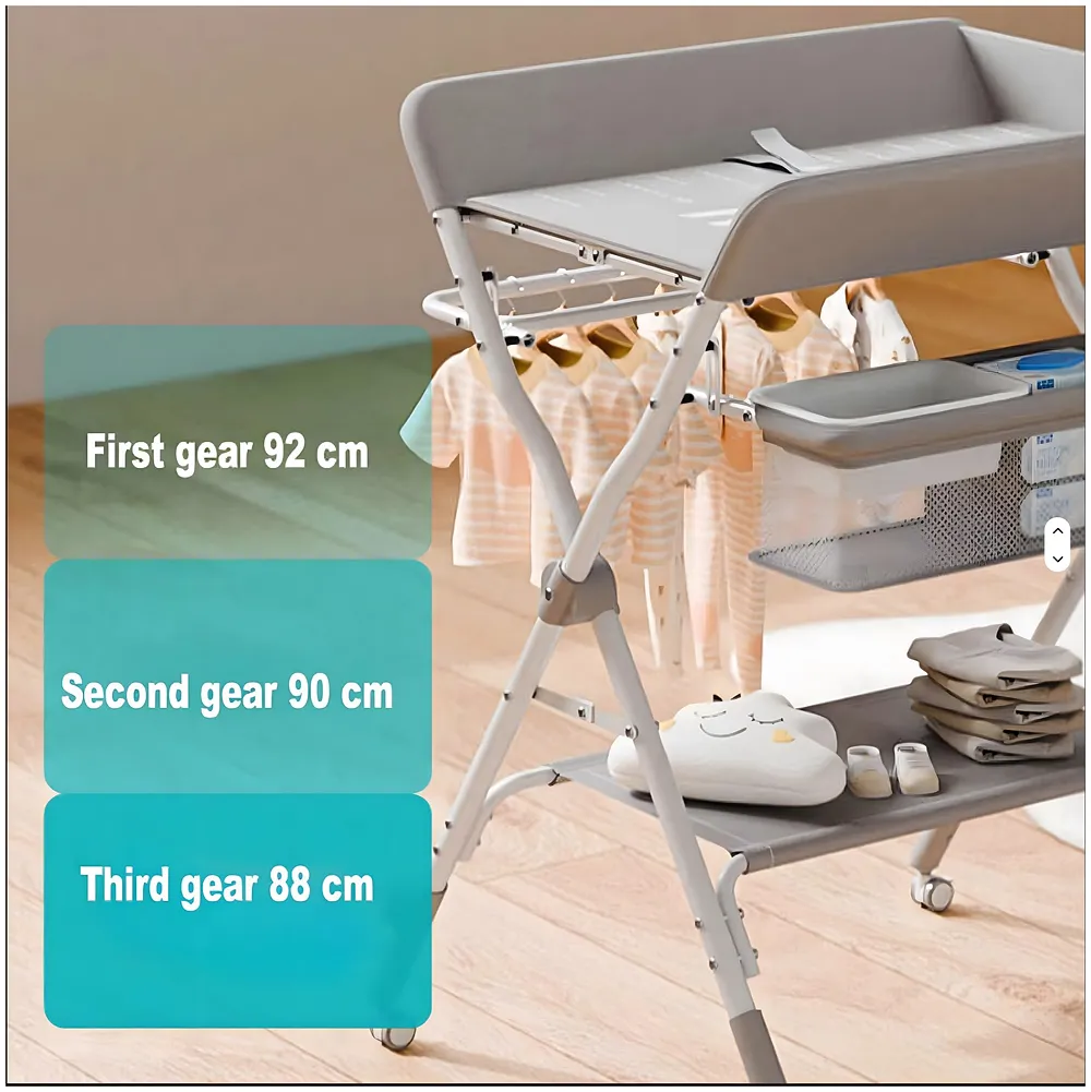 KARAOK Baby Changing Table Foldable with Wheels, 4 Height Adjustable Portable Diaper Changing Station, Storage Basket & Hanging Racks, Space-Saving Nursery Organizer for Newborn & Infant (Light Grey)