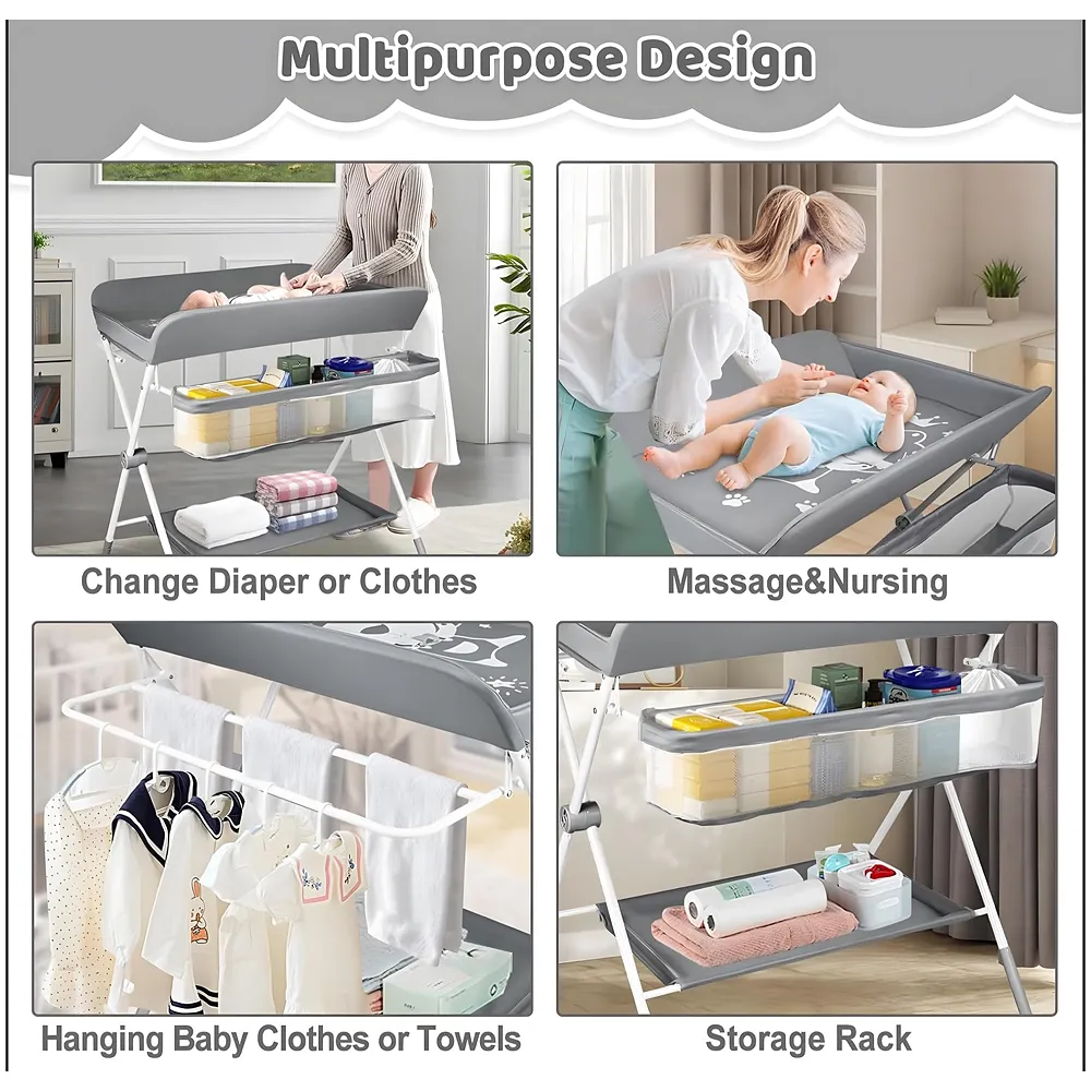 VEVOR Baby Changing Table Foldable with Wheels, 3 Height Adjustable Portable Diaper Changing Station, Storage Basket & Hanging Racks, Space-Saving Nursery Organizer for Newborn & Infant (Grey)