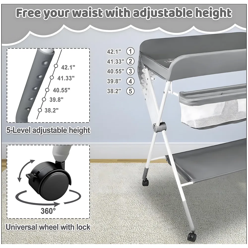 VEVOR Baby Changing Table Foldable with Wheels, 3 Height Adjustable Portable Diaper Changing Station, Storage Basket & Hanging Racks, Space-Saving Nursery Organizer for Newborn & Infant (Grey)