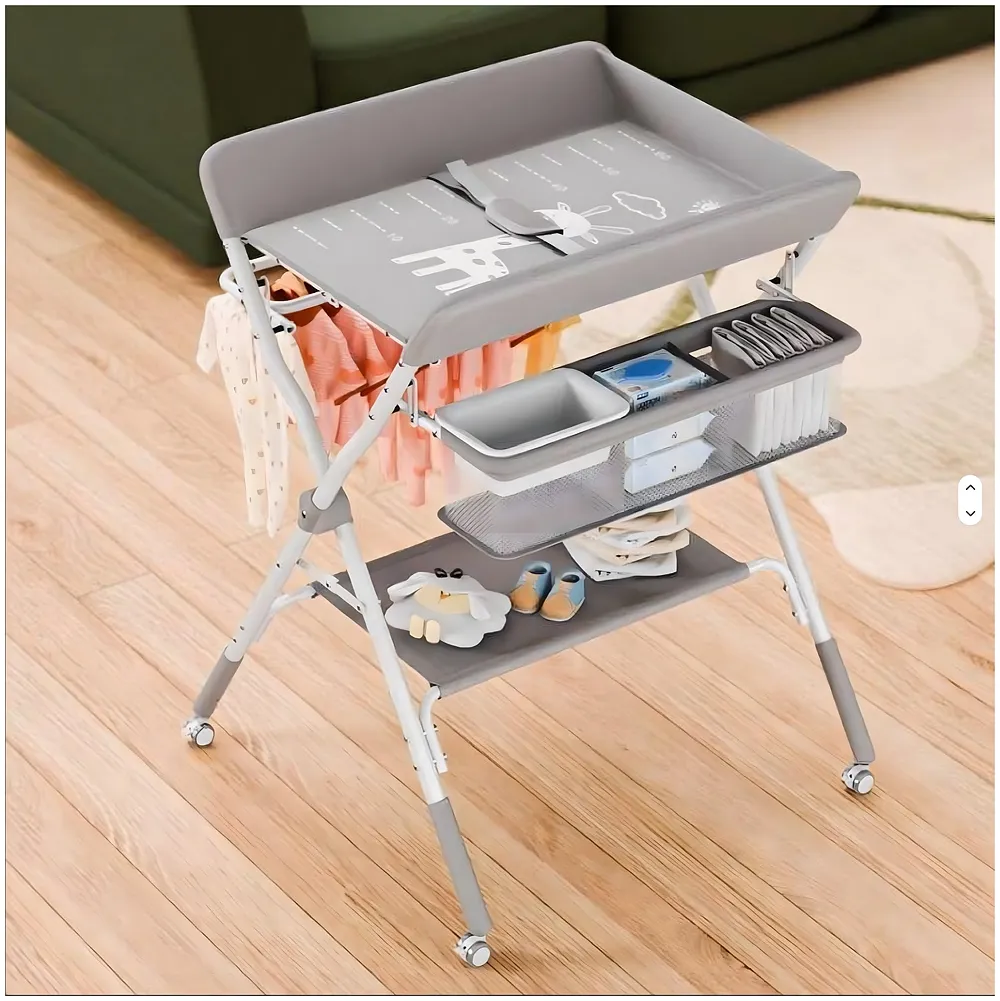 VEVOR Baby Changing Table Foldable with Wheels, 3 Height Adjustable Portable Diaper Changing Station, Storage Basket & Hanging Racks, Space-Saving Nursery Organizer for Newborn & Infant (Grey)