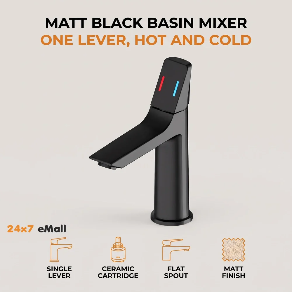 Black Faucet Tap Mixer Hot and Cold Water Heavy Single Lever Basin Mixer with Ceramic Cartridge for Bathroom Wash Basins - 8.2 inch x 5.9 inch Matt Black