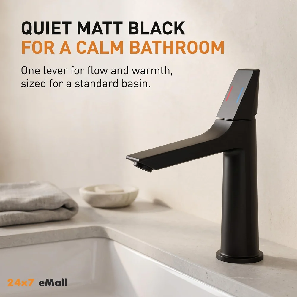 Black Faucet Tap Mixer Hot and Cold Water Heavy Single Lever Basin Mixer with Ceramic Cartridge for Bathroom Wash Basins - 8.2 inch x 5.9 inch Matt Black