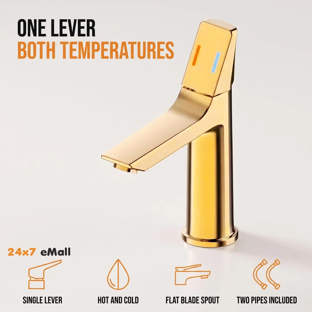 Gold Faucet Tap Mixer Hot and Cold Water Heavy Single Lever Basin Mixer with Ceramic Cartridge for Bathroom Wash Basins - 8.2 inch x 5.9 inch Golden