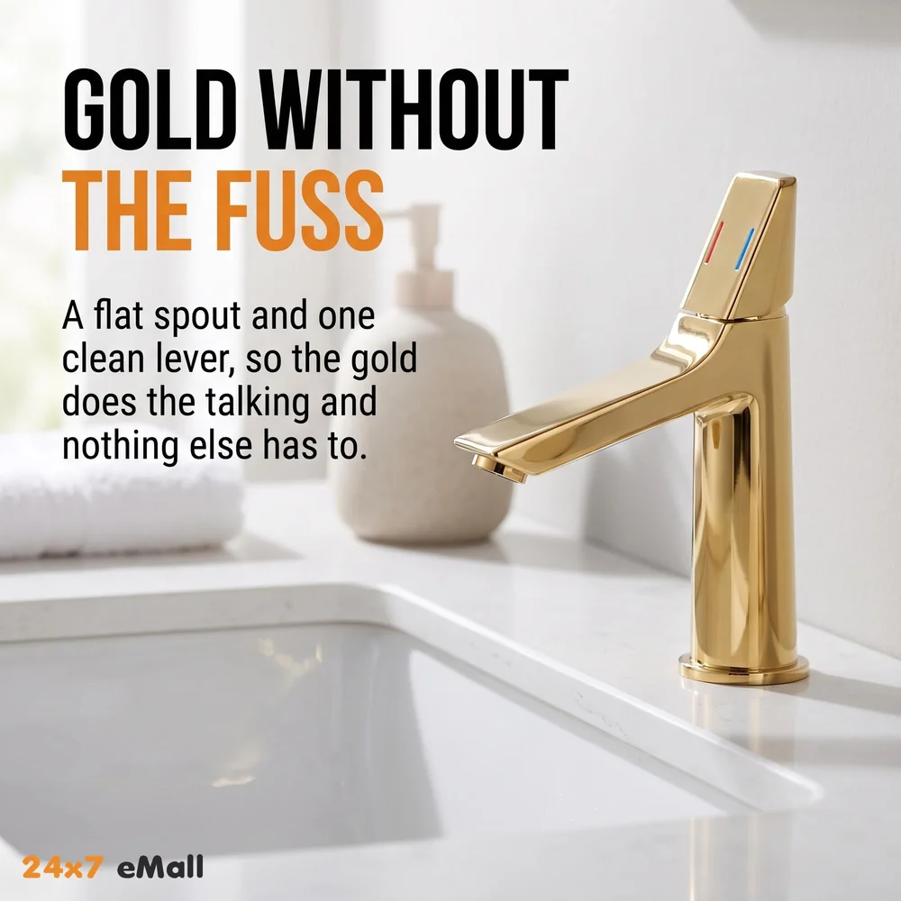 Gold Faucet Tap Mixer Hot and Cold Water Heavy Single Lever Basin Mixer with Ceramic Cartridge for Bathroom Wash Basins - 8.2 inch x 5.9 inch Golden