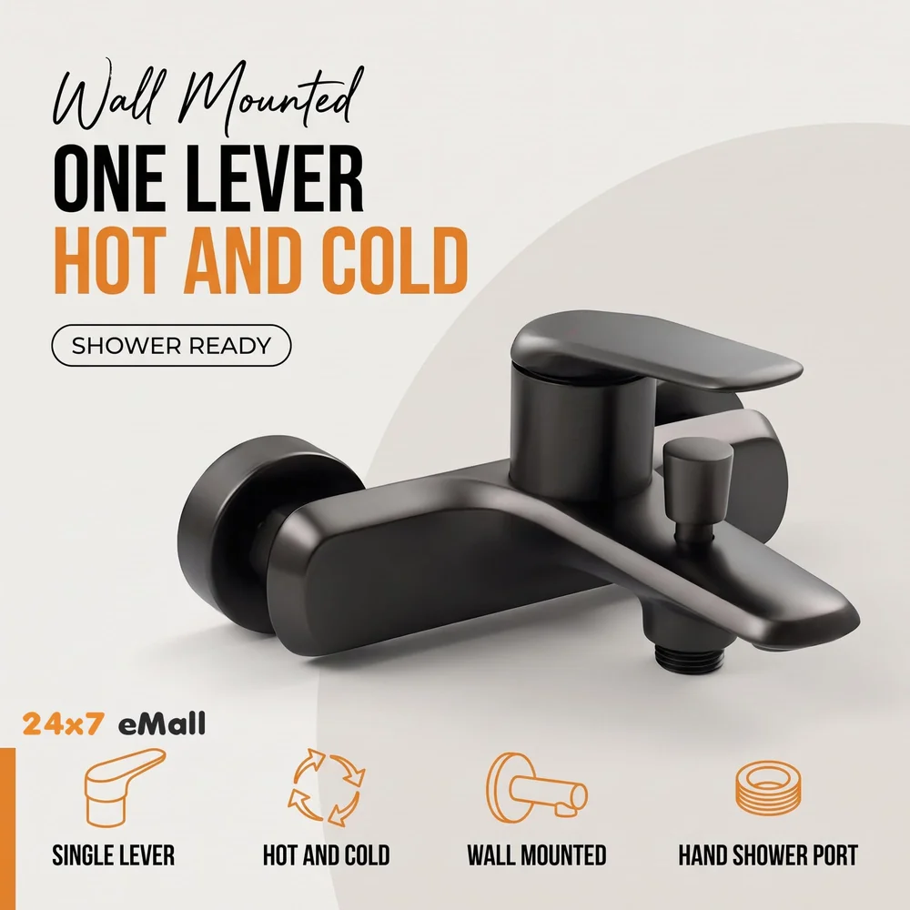 2 in 1 Wall Mounted Bath Mixer Tap Black Hand Shower Provision