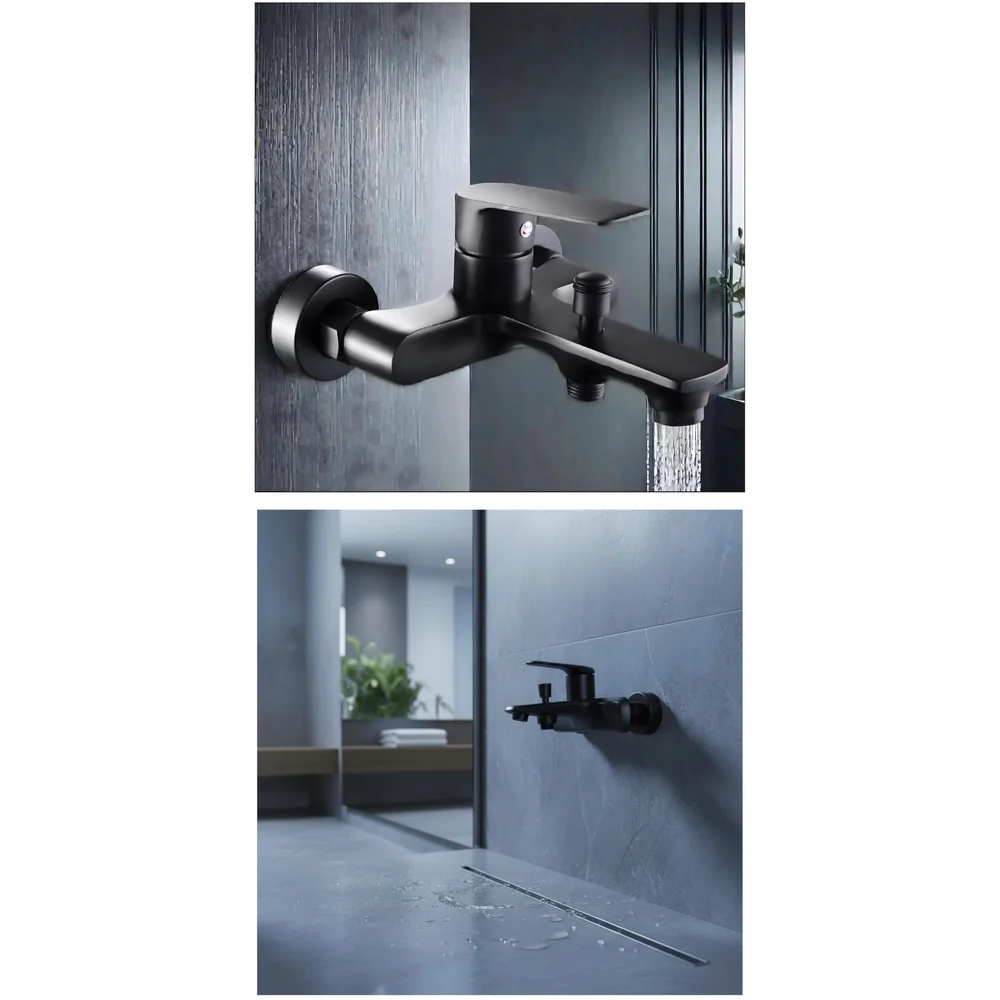 2 in 1 Wall Mounted Bath Mixer Tap Black Hand Shower Provision
