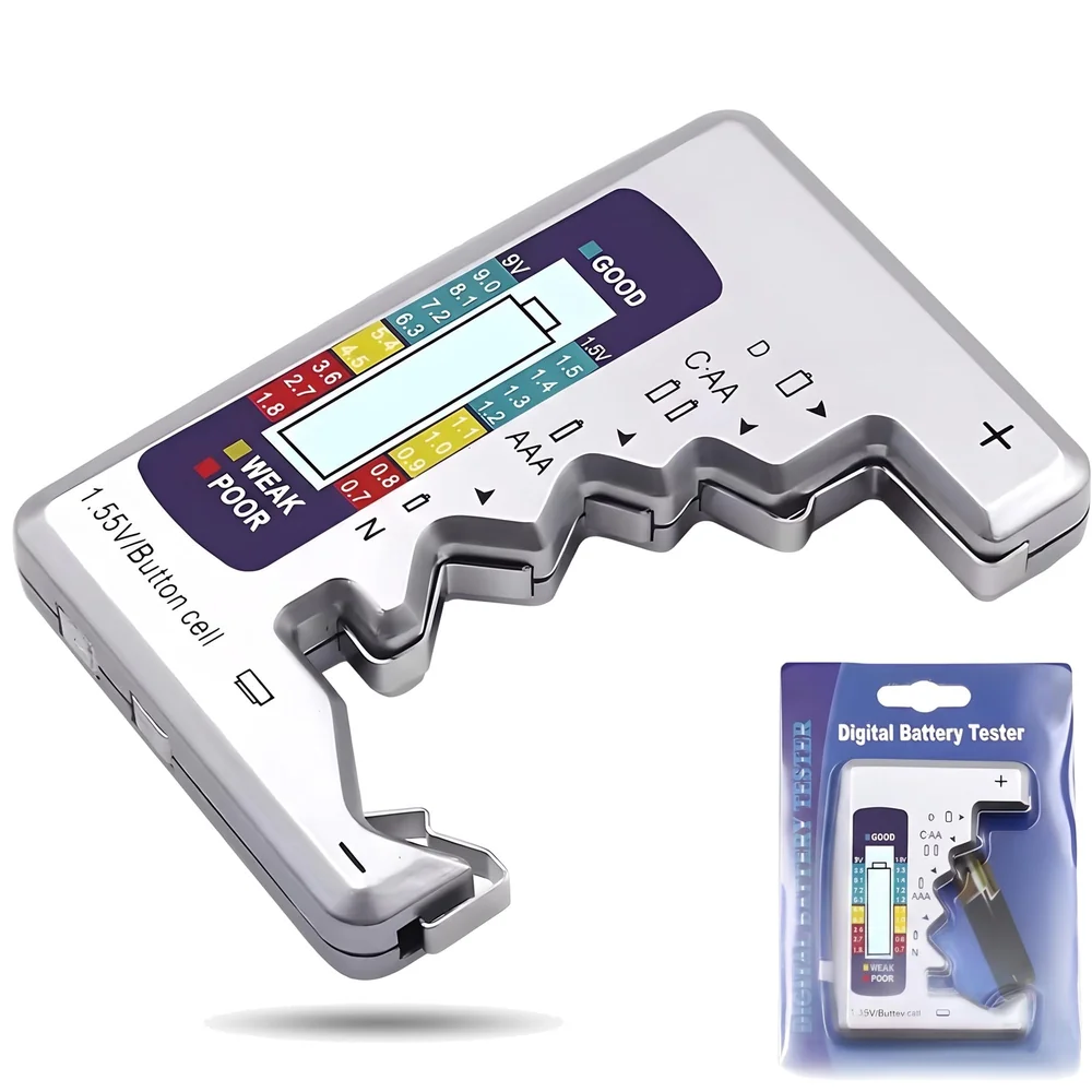 Battery Tester, Digital, 24x7 eMall, AA, AAA, 9V, C, D, N, Button Cell, Portable (Silver)
