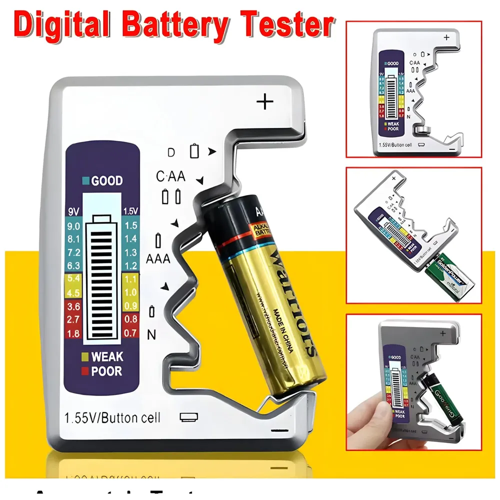 Battery Tester, Digital, 24x7 eMall, AA, AAA, 9V, C, D, N, Button Cell, Portable (Silver)