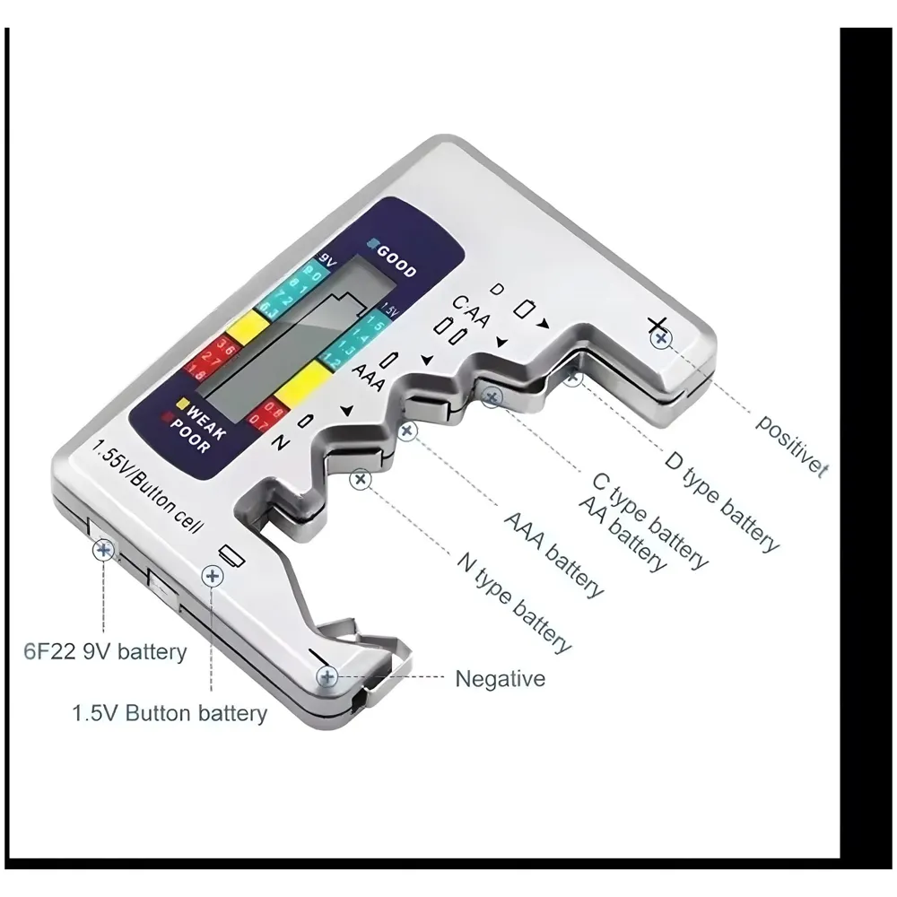 Battery Tester, Digital, 24x7 eMall, AA, AAA, 9V, C, D, N, Button Cell, Portable (Silver)