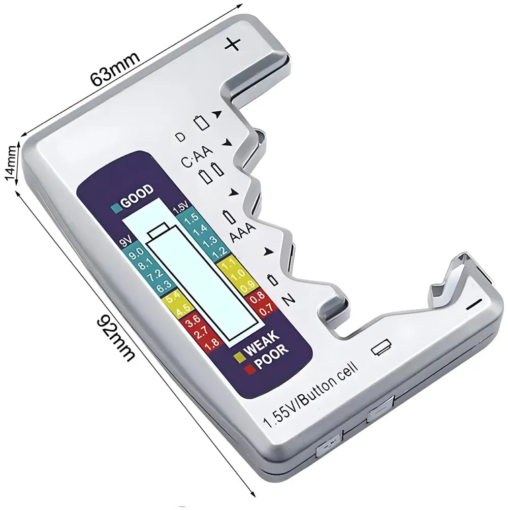 Battery Tester, Digital, 24x7 eMall, AA, AAA, 9V, C, D, N, Button Cell, Portable (Silver)