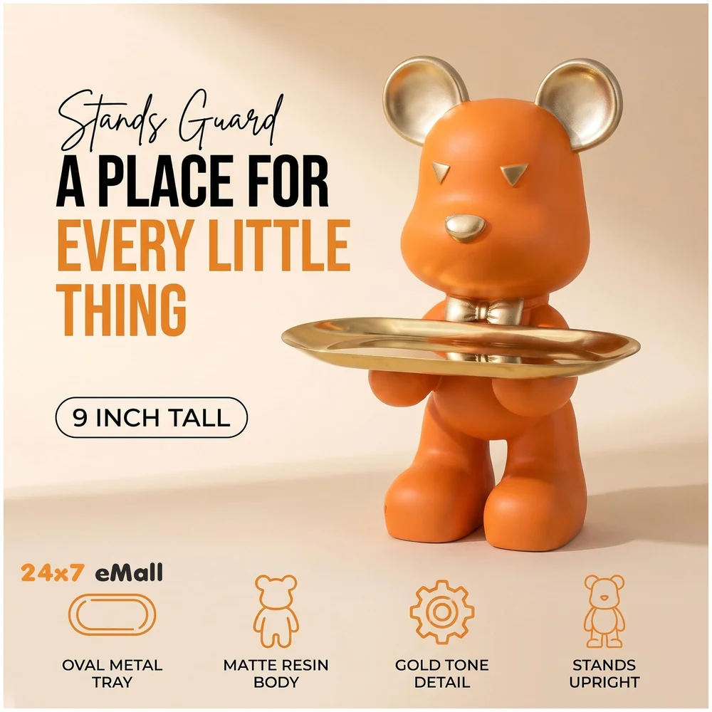 Bear Design Brick with Holder Plate for Keys, Cosmetics Home and Bathroom Décor 9 in Height Idol Show Piece Resin Figure with Stainless Steel Plate