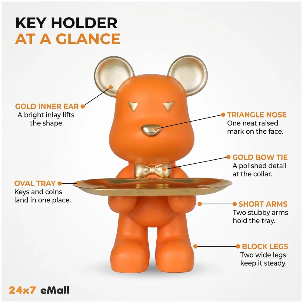 Bear Design Brick with Holder Plate for Keys, Cosmetics Home and Bathroom Décor 9 in Height Idol Show Piece Resin Figure with Stainless Steel Plate