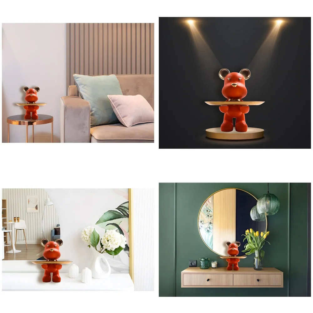 Bear Design Brick with Holder Plate for Keys, Cosmetics Home and Bathroom Décor 9 in Height Idol Show Piece Resin Figure with Stainless Steel Plate
