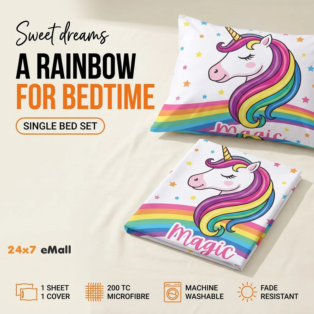 Single Bed Unicorn Bed Sheet with Pillow Case Luxury 200 Tc Microfiber Print, Fade Resistant, Super Soft for Sweet Dreams Bedding Set, 90 x 60 Inch for Single Bed