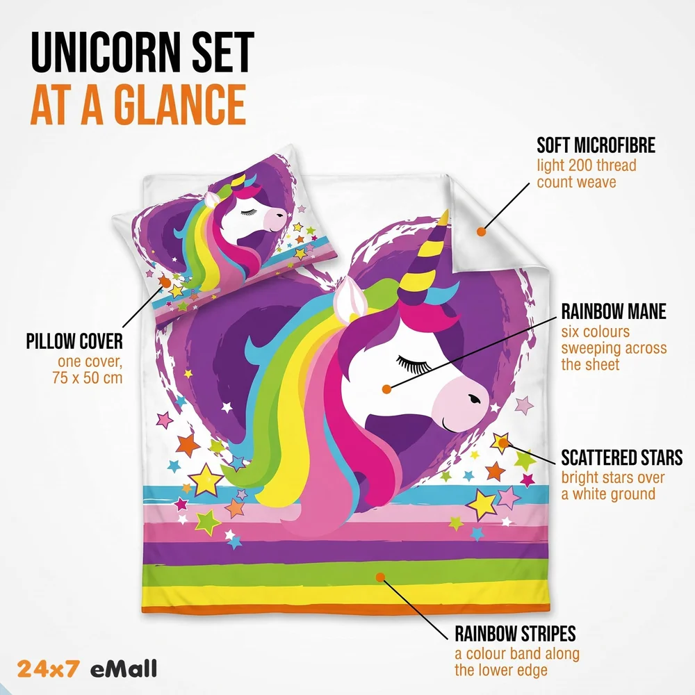 Single Bed Unicorn Bed Sheet with Pillow Case Luxury 200 Tc Microfiber Print, Fade Resistant, Super Soft for Sweet Dreams Bedding Set, 90 x 60 Inch for Single Bed