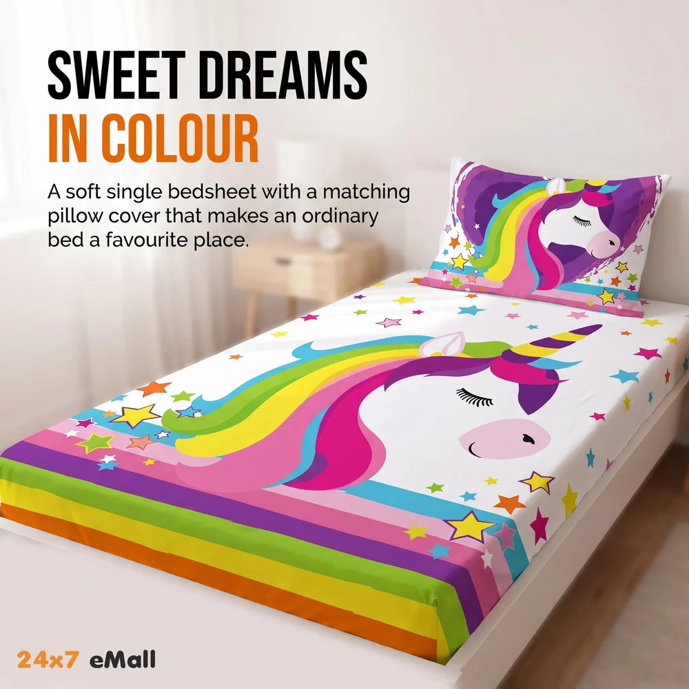 Single Bed Unicorn Bed Sheet with Pillow Case Luxury 200 Tc Microfiber Print, Fade Resistant, Super Soft for Sweet Dreams Bedding Set, 90 x 60 Inch for Single Bed