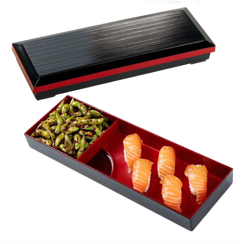 Japanese bento box Black and Red Japanese Style Bento Tray For Sushi Serving - 2 Compartments – 35 cm x 12 cm x 4.5 cm