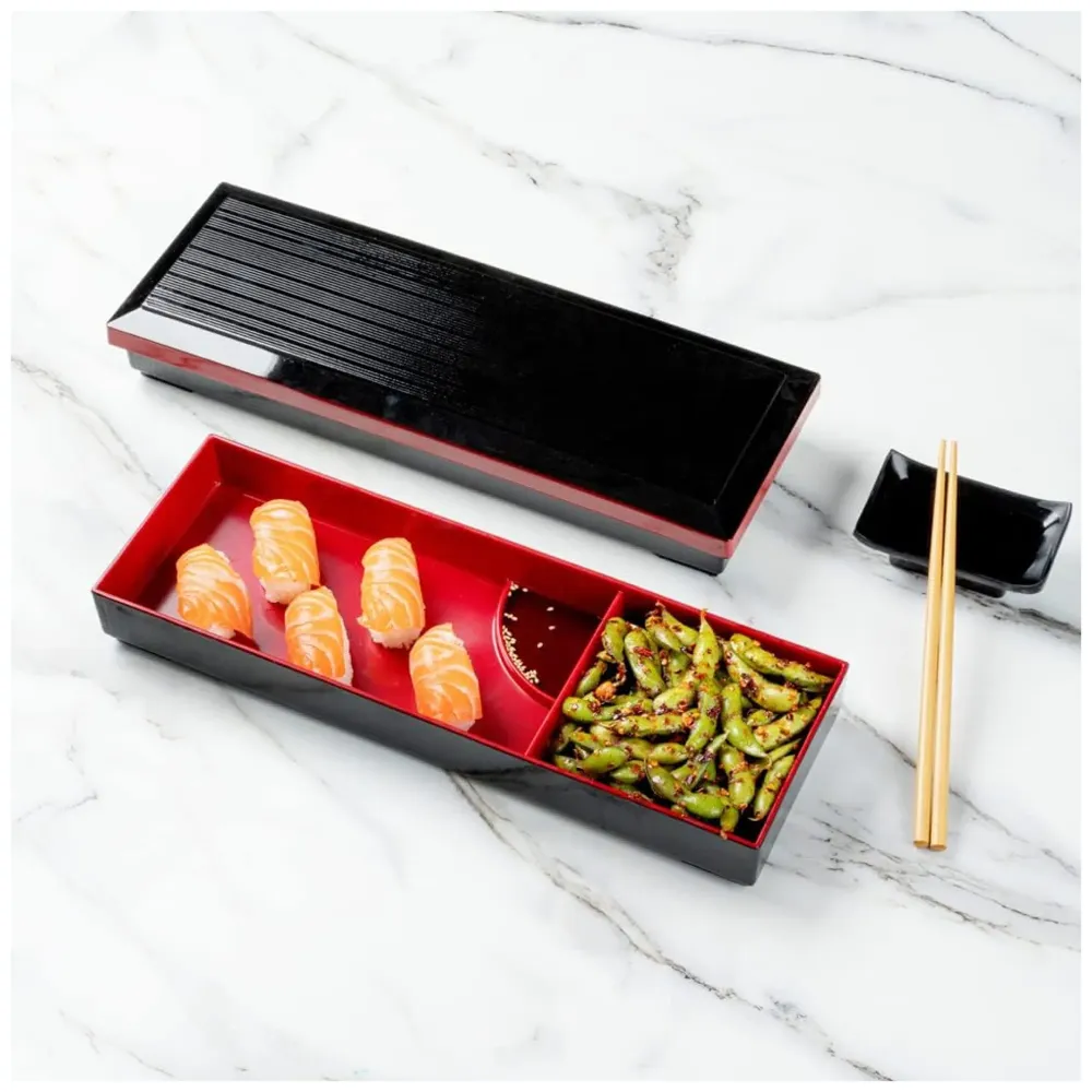 Japanese bento box Black and Red Japanese Style Bento Tray For Sushi Serving - 2 Compartments – 35 cm x 12 cm x 4.5 cm