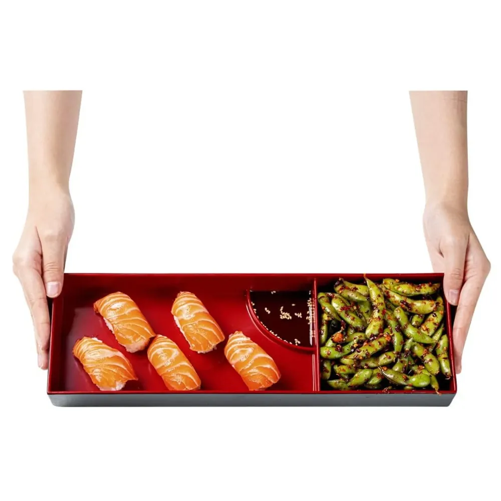 Japanese bento box Black and Red Japanese Style Bento Tray For Sushi Serving - 2 Compartments – 35 cm x 12 cm x 4.5 cm