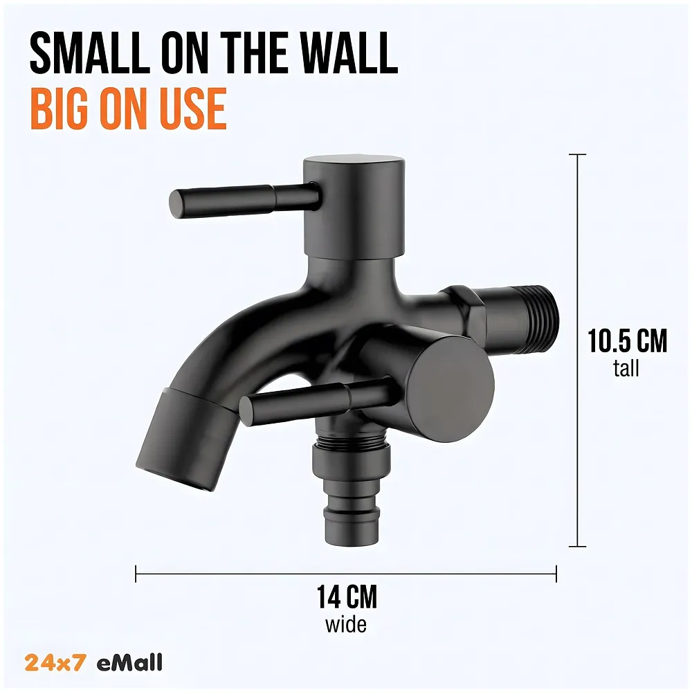 2 in 1 Bibcock Black Two Way Water Tap 14 cm for Washing Machine