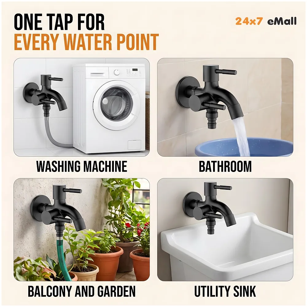 2 in 1 Bibcock Black Two Way Water Tap 14 cm for Washing Machine