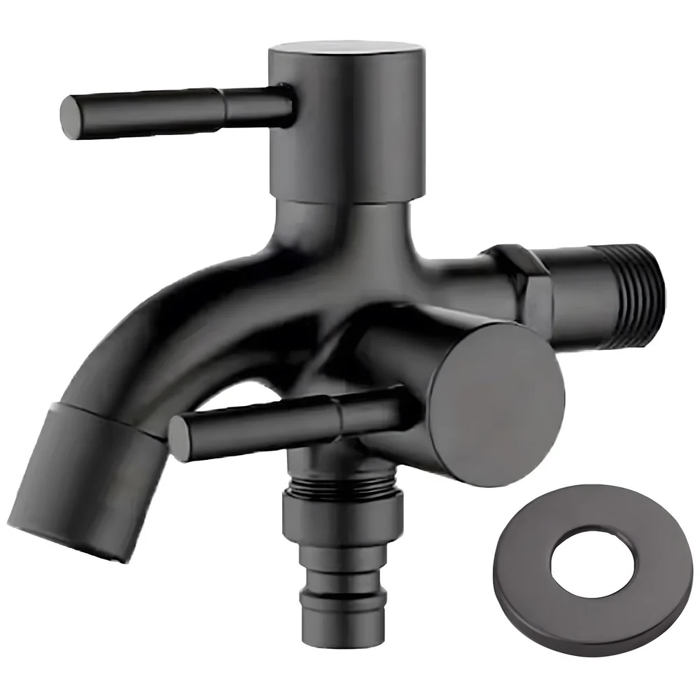 2 in 1 Bibcock Black Two Way Water Tap 14 cm for Washing Machine