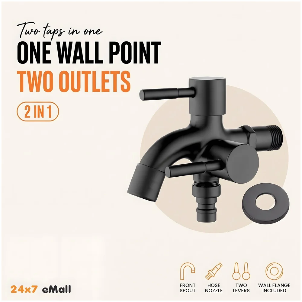 2 in 1 Bibcock Black Two Way Water Tap 14 cm for Washing Machine
