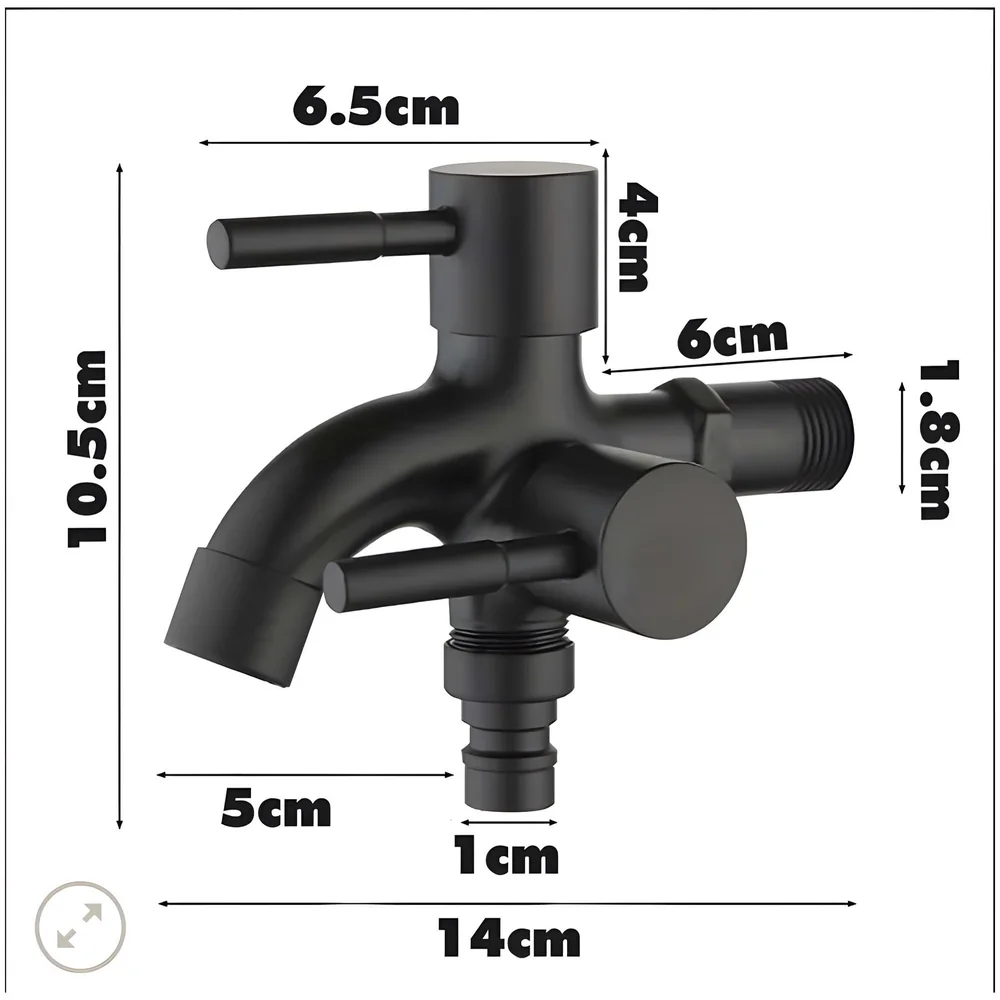 2 in 1 Bibcock Black Two Way Water Tap 14 cm for Washing Machine
