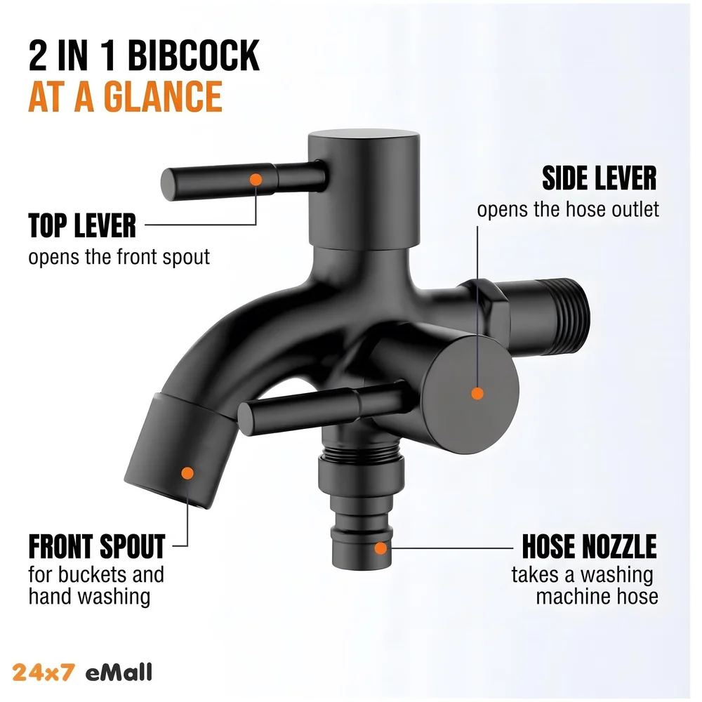 2 in 1 Bibcock Black Two Way Water Tap 14 cm for Washing Machine