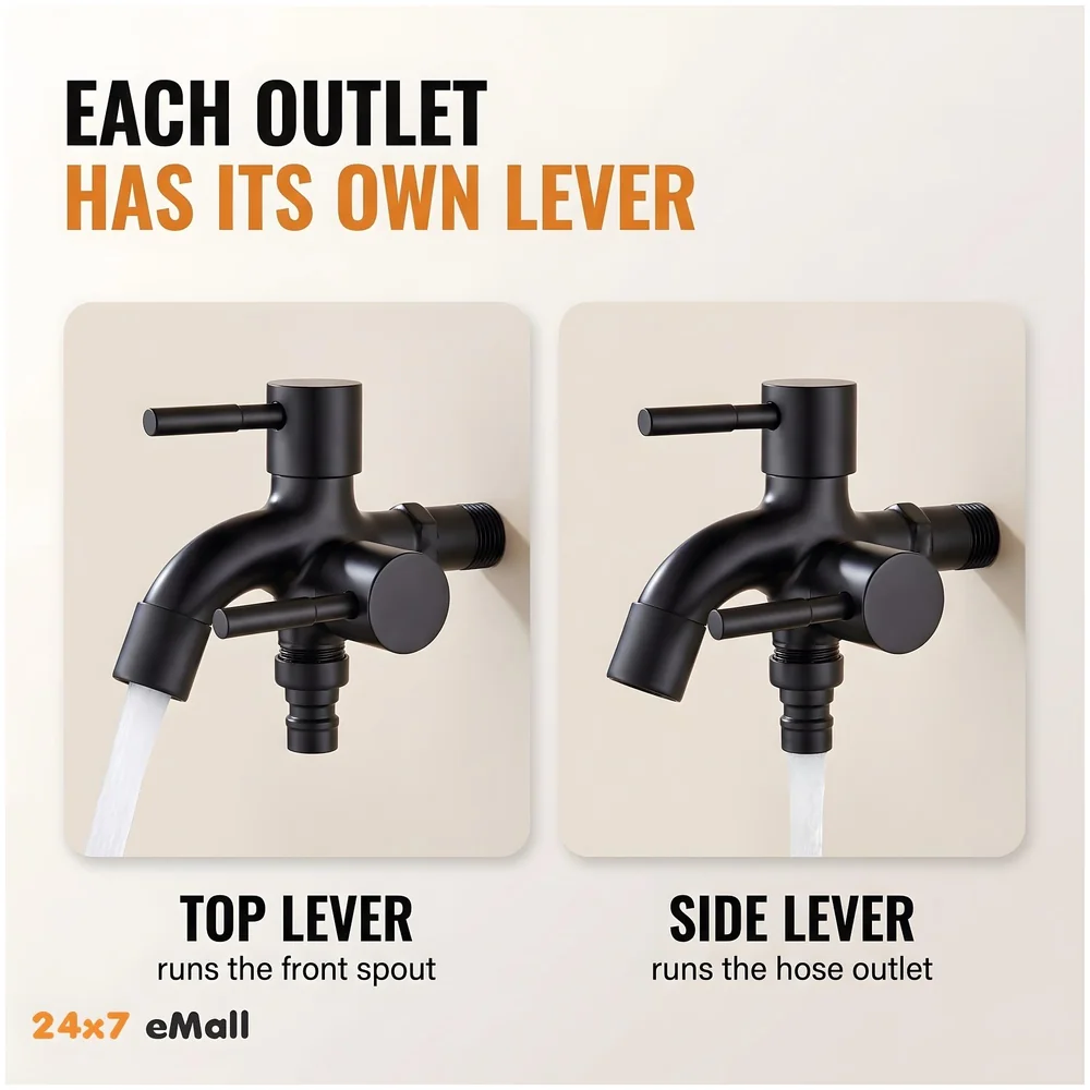 2 in 1 Bibcock Black Two Way Water Tap 14 cm for Washing Machine
