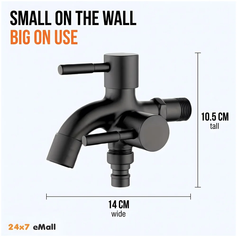 2 in 1 Bibcock Black Two Way Water Tap 14 cm for Washing Machine