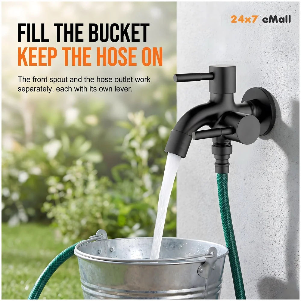 2 in 1 Bibcock Black Two Way Water Tap 14 cm for Washing Machine