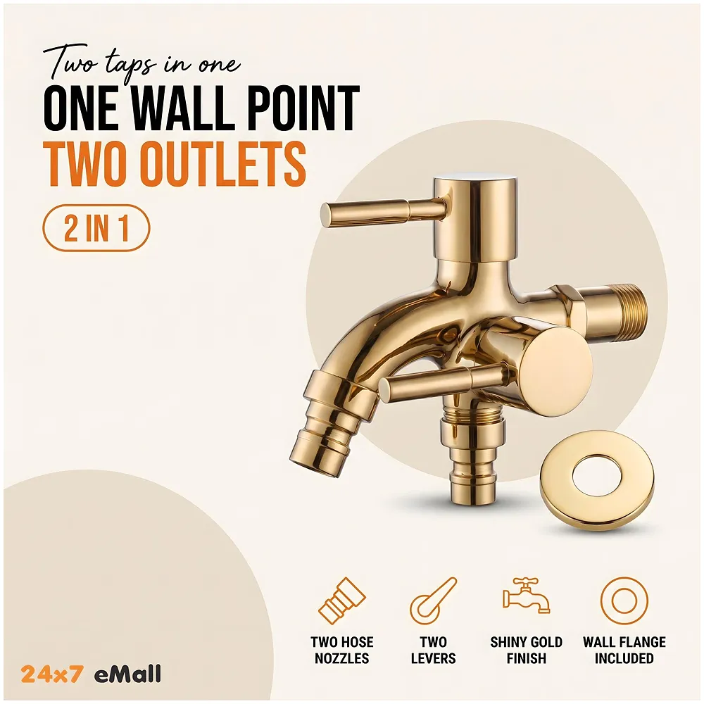 2 in 1 Bibcock Gold Two Way Water Tap Bathroom Washing Machine
