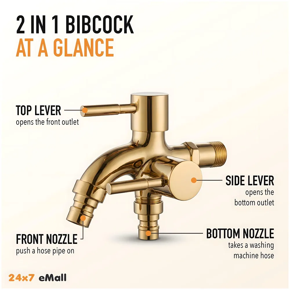 2 in 1 Bibcock Gold Two Way Water Tap Bathroom Washing Machine