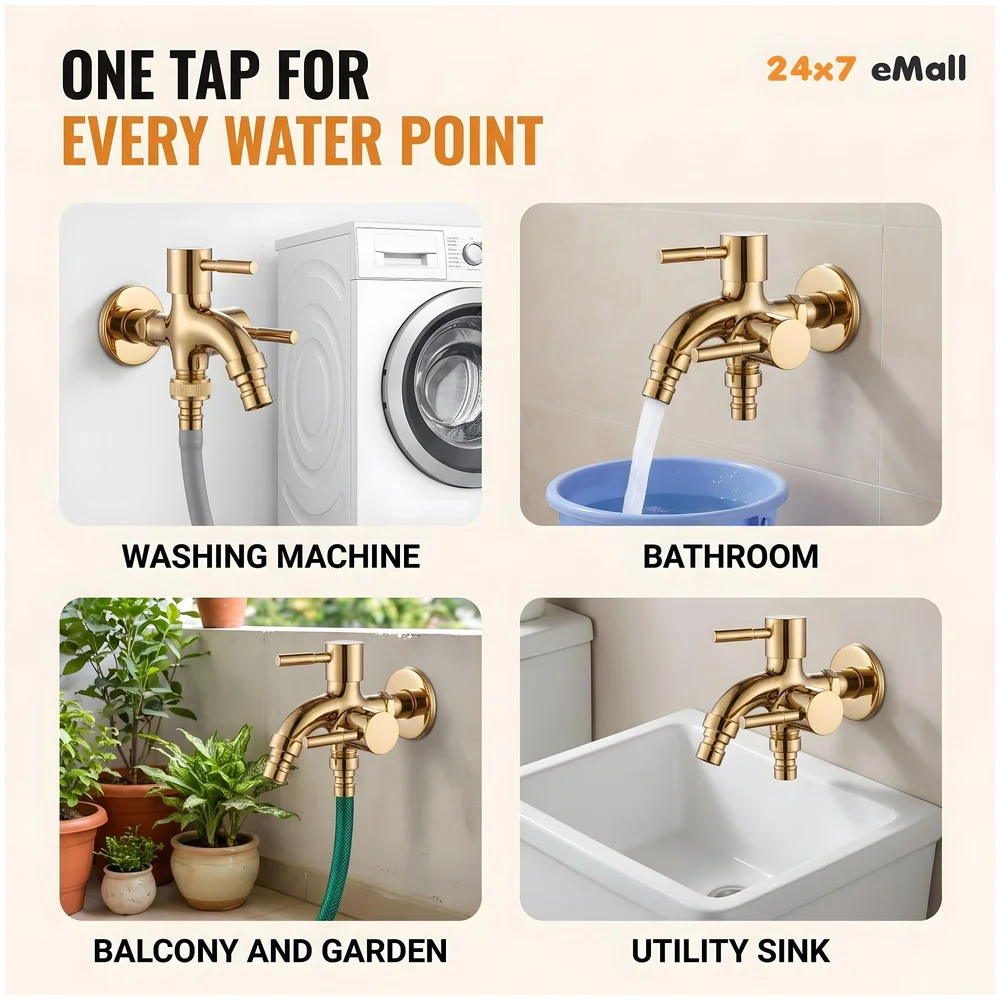 2 in 1 Bibcock Gold Two Way Water Tap Bathroom Washing Machine
