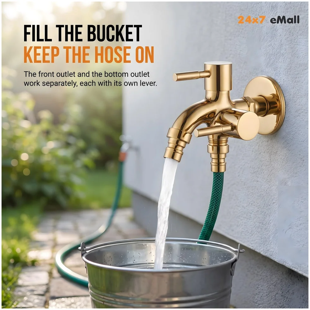 2 in 1 Bibcock Gold Two Way Water Tap Bathroom Washing Machine