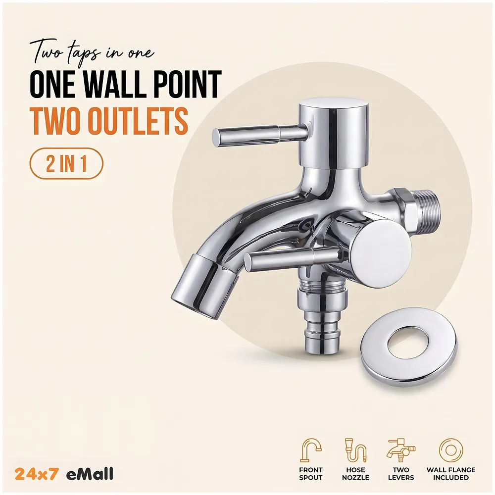 2 in 1 Bibcock Silver Two Way Water Tap 13.5 cm Washing Machine