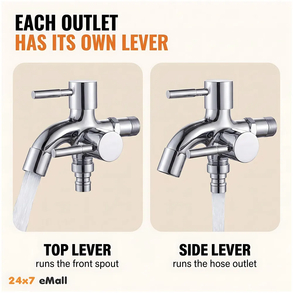 2 in 1 Bibcock Silver Two Way Water Tap 13.5 cm Washing Machine