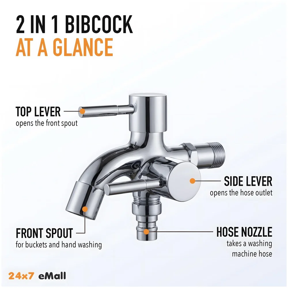 2 in 1 Bibcock Silver Two Way Water Tap 13.5 cm Washing Machine