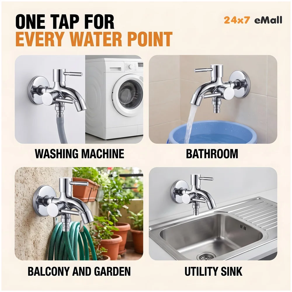 2 in 1 Bibcock Silver Two Way Water Tap 13.5 cm Washing Machine