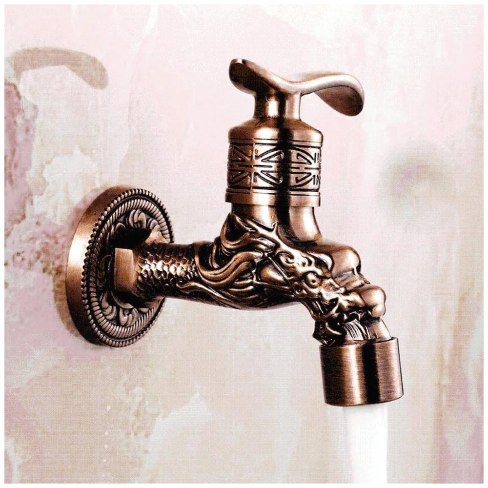 Bib Cock Antique Design 4 inch wash Basin Faucet Bathroom Single Cold tap Carved Pattern Vintage Finish wall Mount with Flange Garden Kitchen Outdoor
